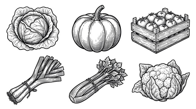 Fresh autumn vegetables vector illustration set in vintage engraving style