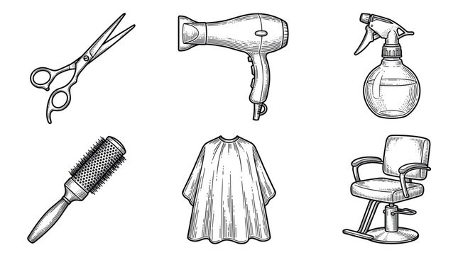 Barbershop and hair salon equipment vector illustration set in vintage engraving style