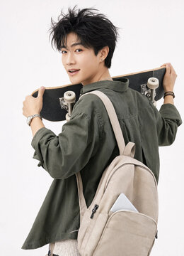 Young asian student looking over shoulder holding skateboard on back on white background
