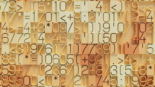 Abstract Geometric Composition of Overlapping Shapes and Mathematical Symbols in Warm Beige and Orange Tones for Technology and Digital Design Environments