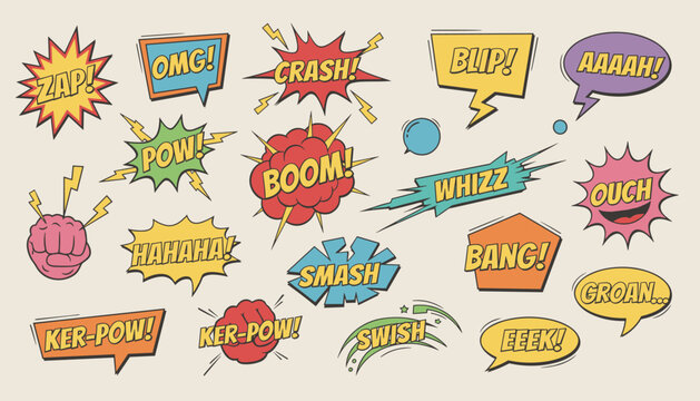 Large set of retro pop art comic book sound effects, speech bubbles, and colorful stickers on a light beige background.