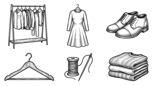 Fashion and tailoring vector illustration set in vintage engraving style