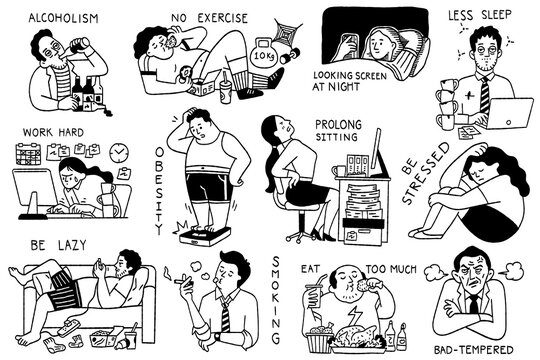 Vector illustration character of various people in unhealthy habits lifestyle, alcoholism, no exercise; work hard, be lazy, smoking, eat too much, less sleep, be stressed and bad-tempered. Cute doodle