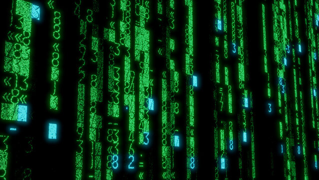 Intricate Digital Fractal Pattern of Interwoven Green and Blue Lines and Shapes on Black Background, Perfect for Technology, Digital Art, and Innovative Design Projects