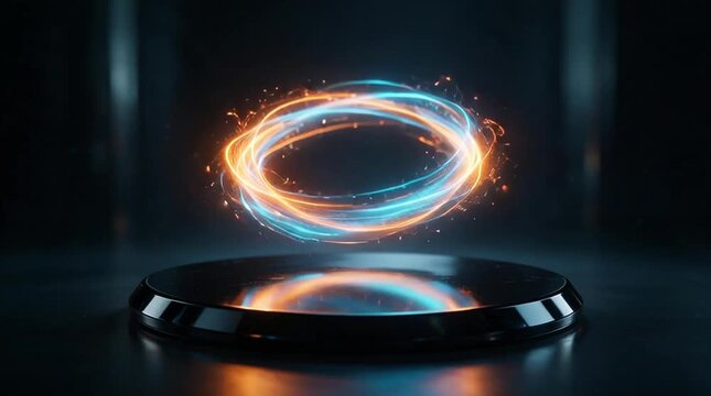 Glossy black circular podium on dark reflective studio stage with abstract light and glowing blue orange ring, sleek futuristic display for product showcase and presentation