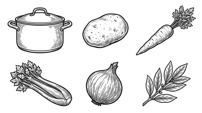 Cooking ingredients and saucepan vector illustration set in vintage engraving style