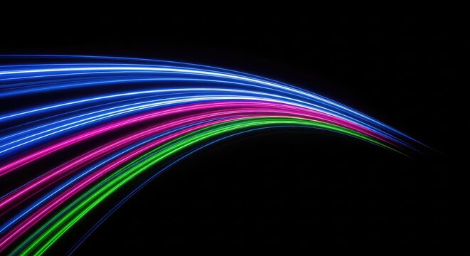 Vibrant neon streaks of electric blue, pink, and lime green zip across a deep cosmic black void, creating a sense of high-speed motion, flow, streaks, element