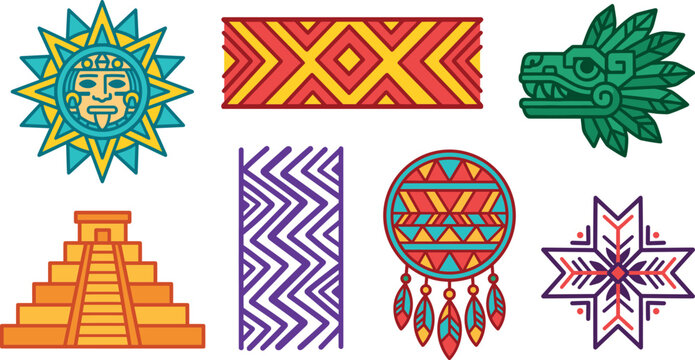 Aztec and Mayan culture vector illustration collection set pyramid sun dragon pattern isolated on transparent background.