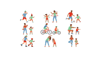 Fototapeta premium Active parents exercising with children characters set with running cycling yoga soccer and workout flat vector illustration bundle