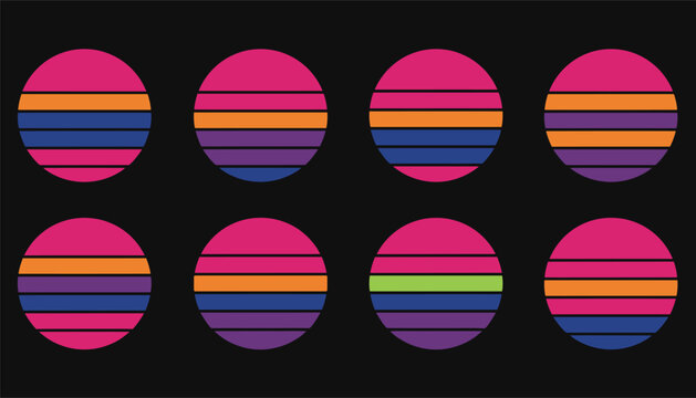 Collection of eight retro outrun style striped sunset circles in vibrant pink, orange, and blue hues on a black background.