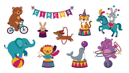 Fototapeta premium Cute cartoon circus animals performer characters set with bear tiger elephant seal lion rabbit horse flat vector illustration bundle