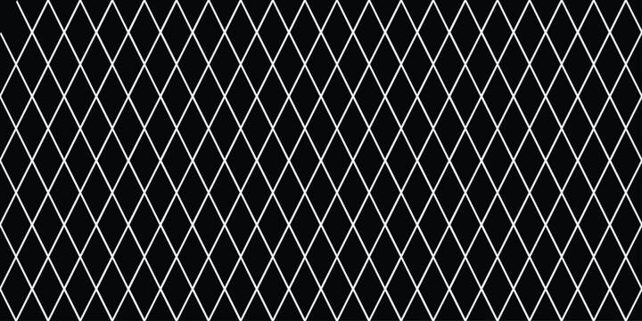 Seamless geometric pattern, rhombus grid texture on black background, vector art illustration.