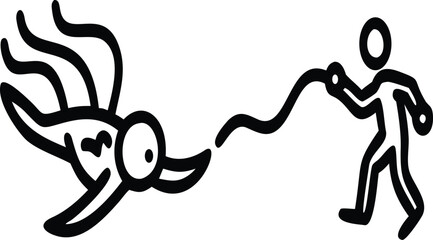 Minimalist black and white line art vector illustration of a human stick figure character catching an octopus creature with a rope © Toffzal