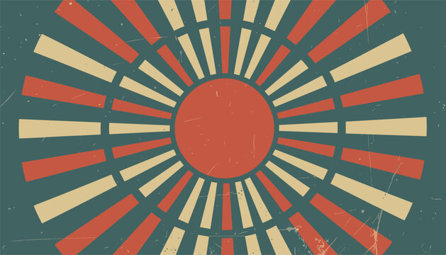 Retro sunburst pattern featuring a red central sun with radiating cream and red rays on a textured teal background.