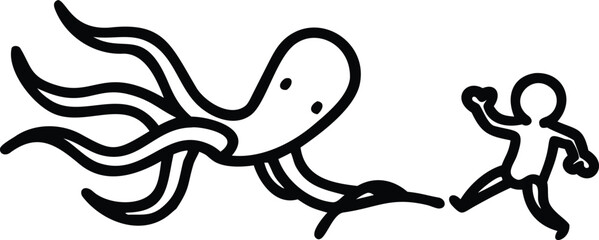 Minimalist black and white line art vector illustration of a giant octopus chasing a running human stick figure creature © Toffzal