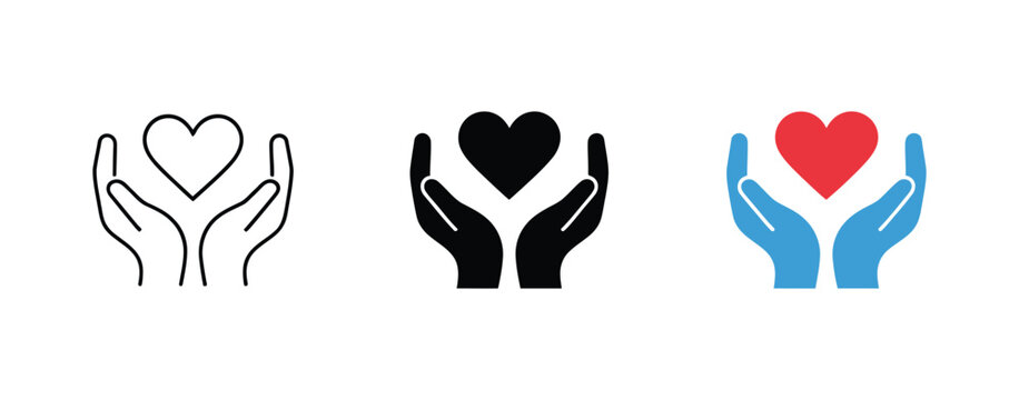 Caring hands holding heart icons illustrating love, protection, kindness, healthcare, and charitable support with clean minimalist vector graphics for wellness, caregiving, humanitarian, and community