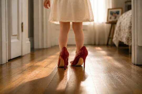 Little girl walking in oversized red high heels