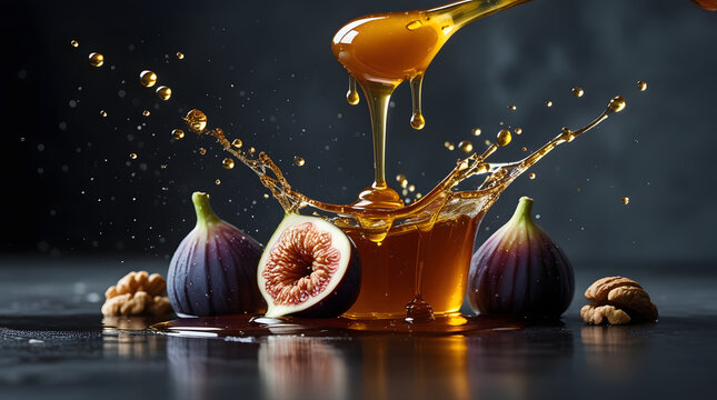 Gourmet dessert ingredient concept, a wooden spoon dipping into glossy sweet honey with dynamic splashes and hanging droplets over fresh figs and walnuts.