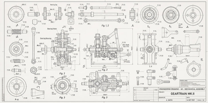 Technical Drawing of Mechanical Gear Train Assembly Parts