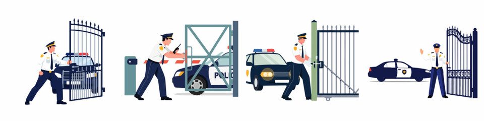 Collection of illustrations featuring security guards and police officers opening various metal gates for patrol cars, emphasizing access control and facility security. © Sugik
