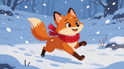 Fototapeta premium Cute cartoon fox wearing red scarf running through snowy forest. Cheerful orange wild animal jumps on fresh white snow during winter day. Small creature plays outdoors under falling snowflakes in