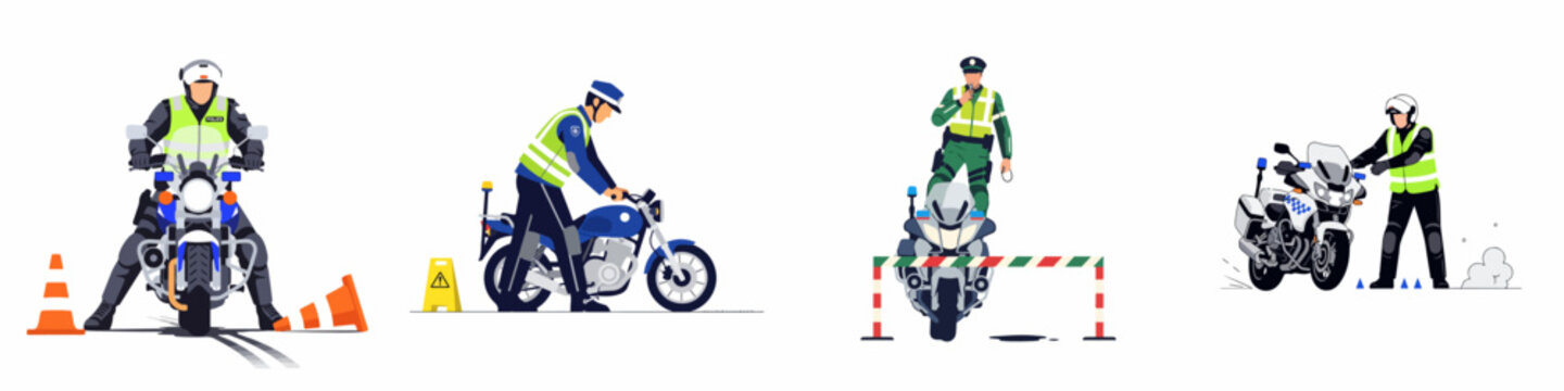 Vector set of police motorcycle patrol officers performing duties and training exercises in a flat illustration style.