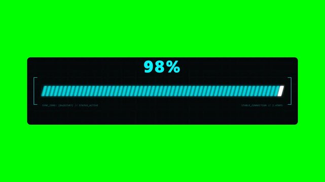 Futuristic Blue Progress Bar at 100 Percent on Green Screen Background with HUD Elements, Data Processing Interface, and Technology System Status