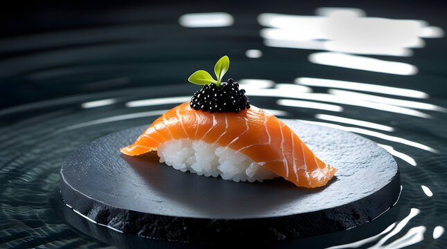  Sophisticated zen style food photography, seared aburi salmon sushi with caviar, placed over pure water ripples and sun caustic reflections backdrop.