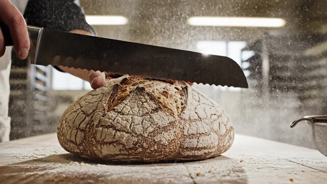 A baker slices a loaf on a flour-dusted table in a bakery.