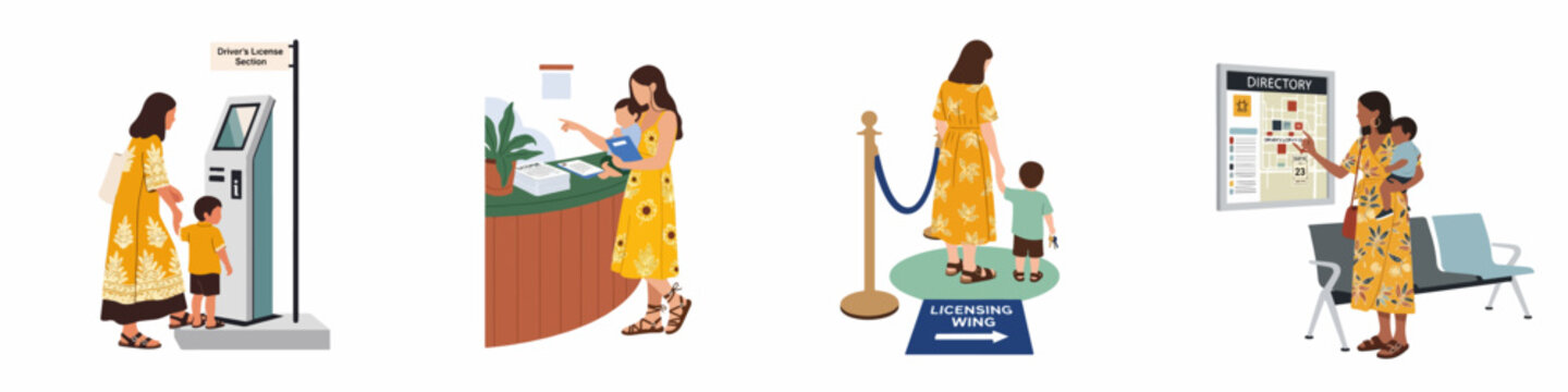 Flat vector illustration set of a mother with her children at a driver's license office for application, registration, and information gathering.