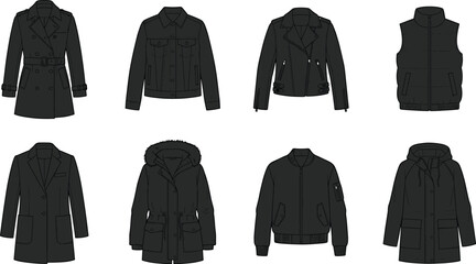 Set of black fashionable jackets and coats silhouettes for women, including trench, denim, bomber, parka, and vest designs © Md