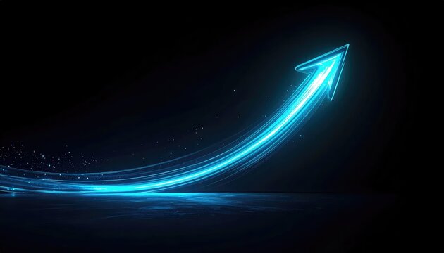 Dynamic blue glowing arrow illustrating upward growth and progress. Modern tech concept for business innovation