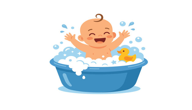 Cute happy cartoon baby taking a bubble bath in blue tub with yellow rubber duck toy vector illustration