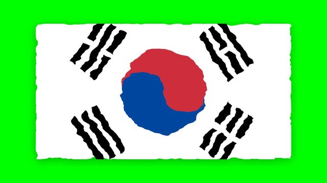 South Korean Flag Illustration with Wavy Hand-Drawn Texture on Green Screen Background for Chroma Key Composition, National Republic of Korea Emblem