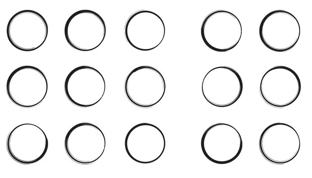 Clean grid of fifteen hand drawn black circular ink rings and frames with slight variations on a white background.