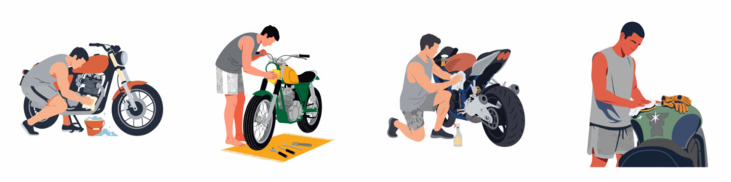 A set of flat vector illustrations showing various men meticulously cleaning, polishing, and maintaining their motorcycles at home or in a garage setting.