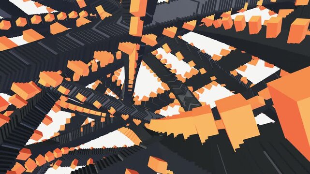 dense swarm of dark and orange geometric cubes endlessly rotates and shifts against a bright background in a perfect seamless loop, ideal for modern tech or abstract screensavers.
