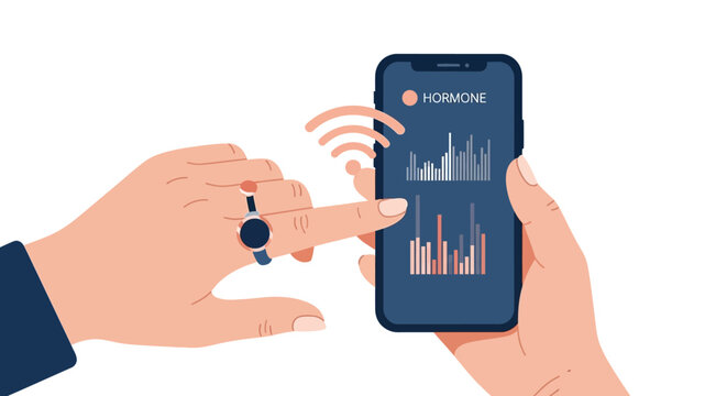Smart Ring Wearable Device Syncing Hormone Data to Smartphone App Illustration - Health Tracking and Femtech Concept