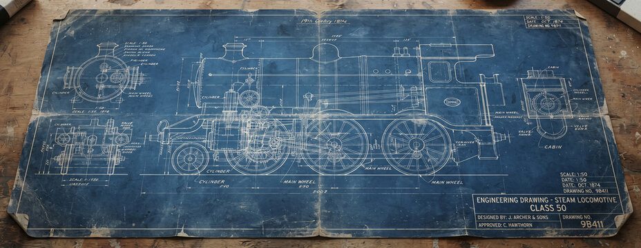 Engineering Blueprint Drawing of Vintage Steam Locomotive