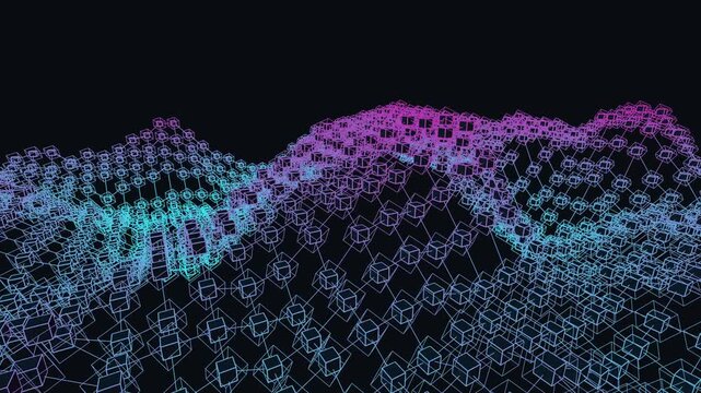 seamless 3D neon technological grid rotating and undulating continuously. Ideal for atmospheric video wallpapers, futuristic backdrops, and ambient displays.