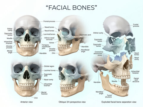 Detailed medical illustration showing the complex structure of human facial bones from multiple angles with clear labels and annotations included