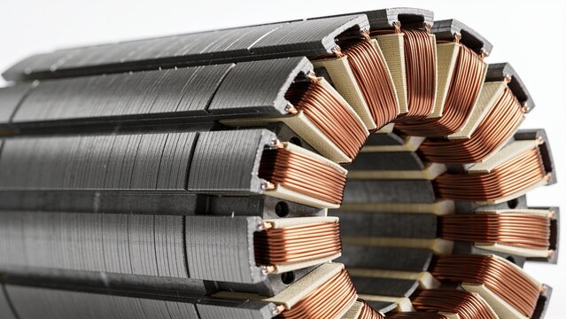 Electric motor stator with copper windings and gray laminated core