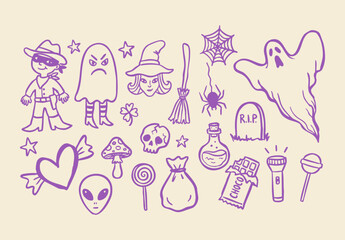 Fototapeta premium Hand drawn halloween witch and spooky doodle icons set, ghost, potion, gravestone and candy vector illustration