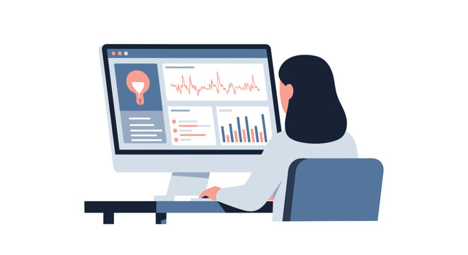 Woman Analyzing Medical Diagnostics and Reproductive Health Data on Computer Screen Illustration