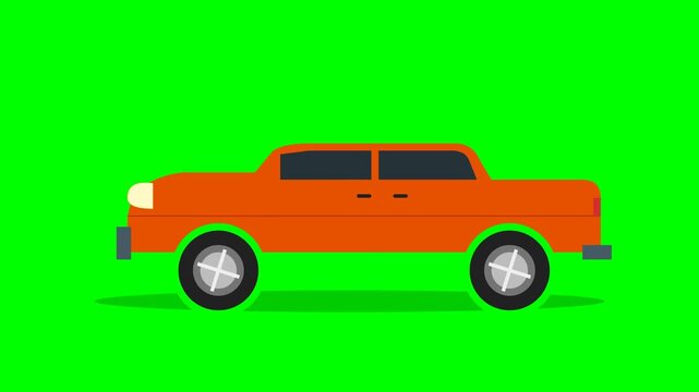 2D Animated Orange Car Side View on Green Screen Background - Flat Design Vector Vehicle Illustration for Video Editing and Motion Graphics