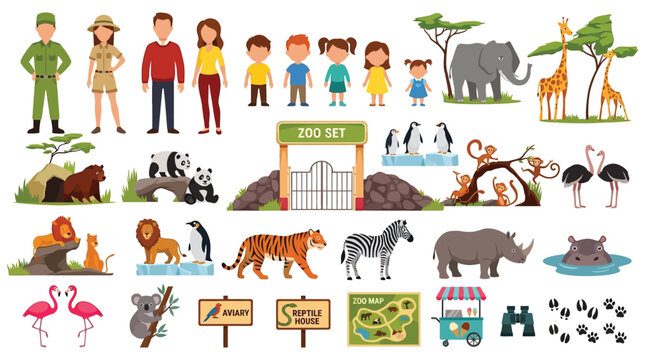 Zoo animal and people vector illustration with signage and foliage