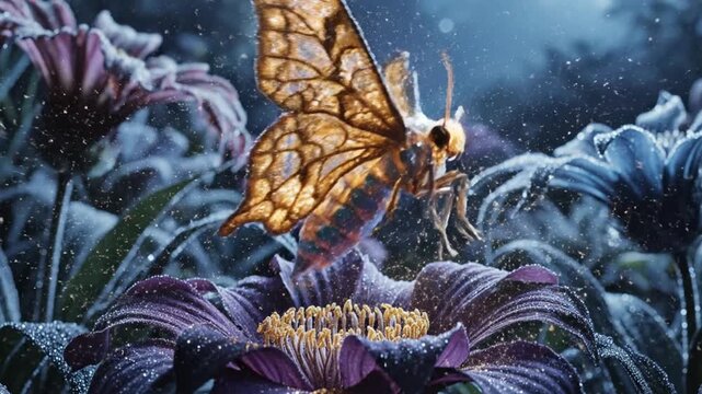 A large orange butterfly with intricate patterns flies over a purple flower in a snowy garden at night.