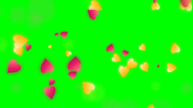Romantic Floating Red and Gold Heart Shapes on Chroma Key Green Screen Background for Wedding and Valentine's Day Video Projects