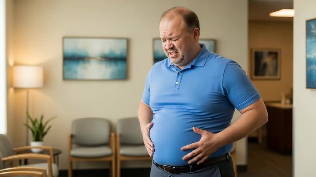 Abdominal Pain in Waiting Room A man in a blue polo shirt clutches his stomach in discomfort grimacing from what appears to be severe abdominal pain while waiting in a dimly lit