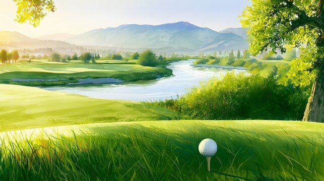 Golden Hour Golf Course Landscape Watercolor Illustration Serene Fairway River Mountains